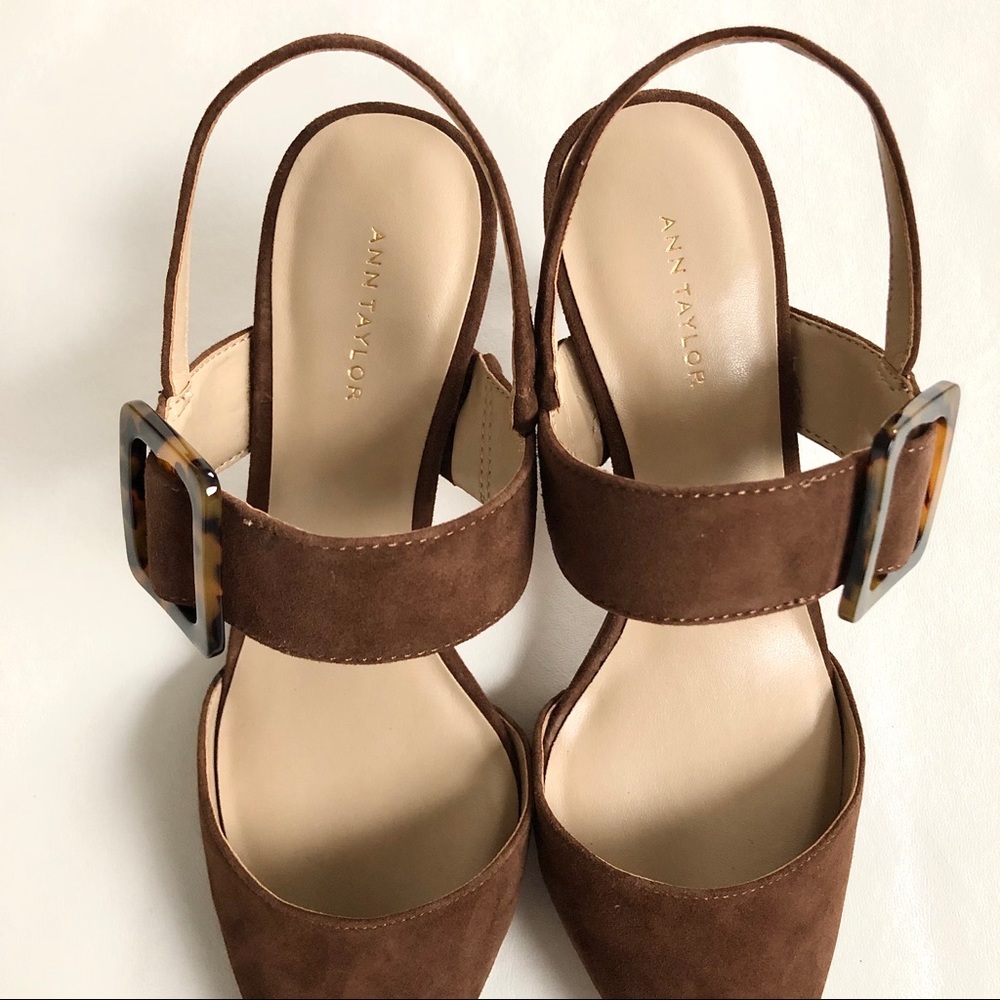 Ann Taylor Brown Suede Pointed Toe Slingback Heels with Buckle - Picture 5 of 7